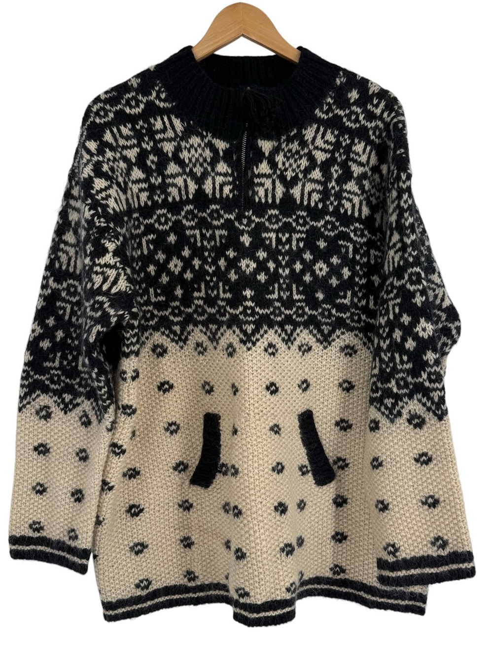 Vintage Squaw Valley Womens Sweater Size XL Wool 1/4 Zip Black Cream Pockets